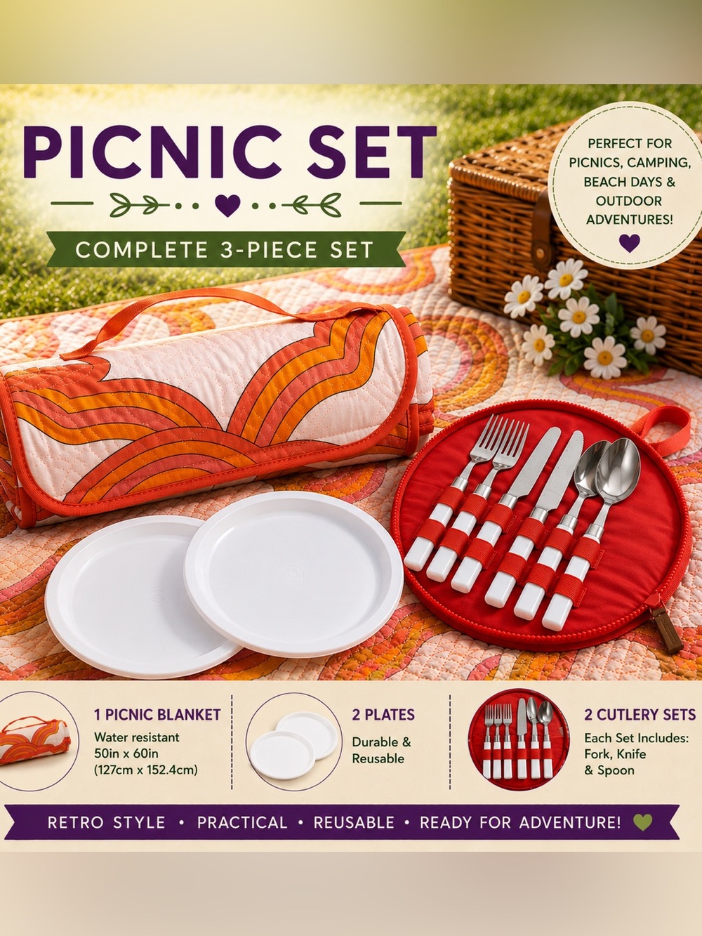 NWT Picnic for Two Set with Water Resistant Blanket With Handle